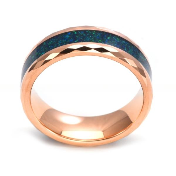 Bague de mariage pour homme en opale bleue de 8 mm, or rose, tungstène facetté, incrustation d'opale colorée broyée, bague de fiançailles de luxe, promesse