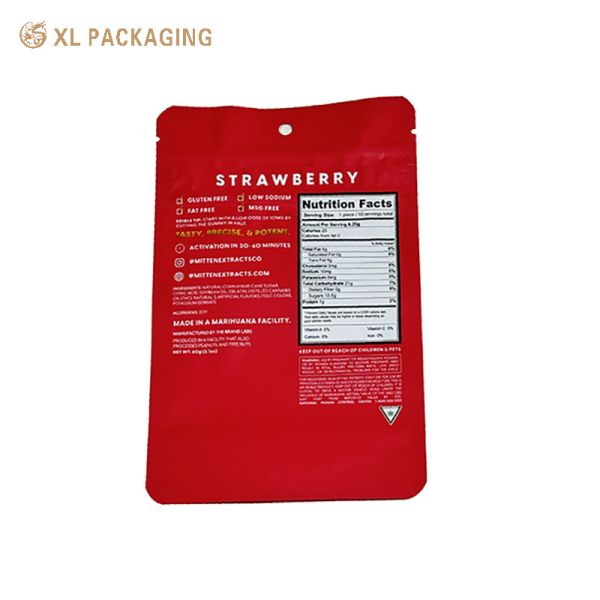 Custom Printed Red Stand Up Pouch with Resealable Zipper Closure and Built-in Hang Hole