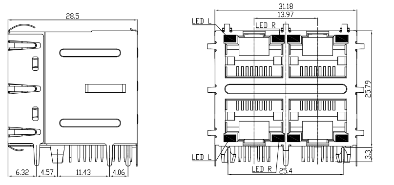 W / PEG Ethernet Magnetic RJ45 Jack 2 * 2 Port Nickel Shield Plating Material With Leds