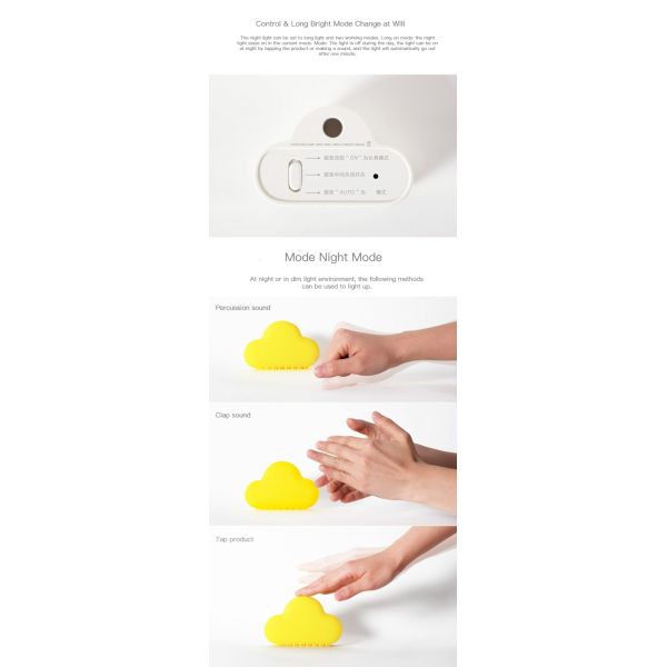 Controle de voz de indução do corpo humano Nuvem Luz noturna LED com carregamento USB e tamanho pequeno