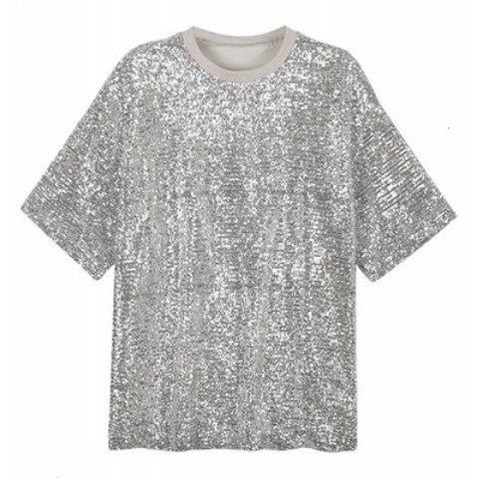 Bulk Mens Sequin T Shirt , Polyeste  Back Zipper Metallic Silver T Shirt