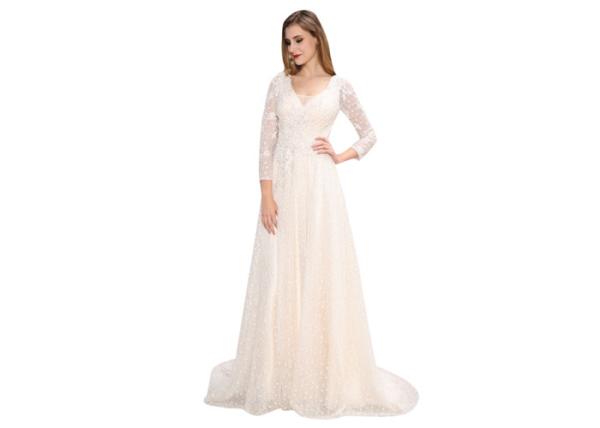 White Lace Beaded Long Sleeve Evening Gowns Maxi For Wedding Prom