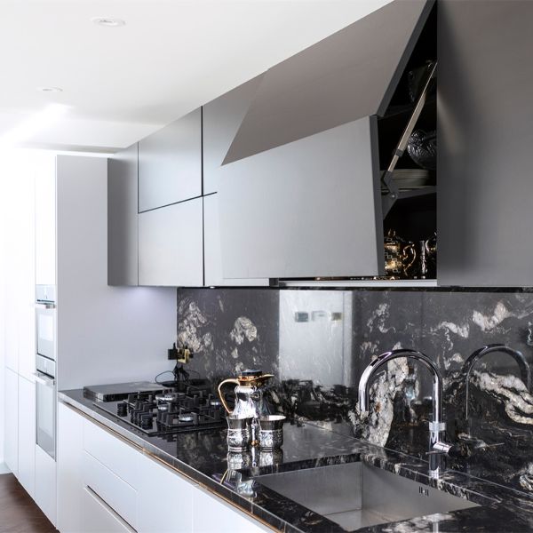 Fashionable White And Black Lacquer Kitchen Cabinet With Island  I Shape Plywood Material