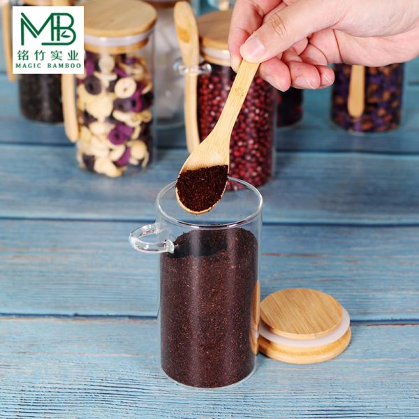Wholesale 10 OZ Small Glass Jars set For Tea Coffee Beans Candy With Bamboo Lids And Spoons