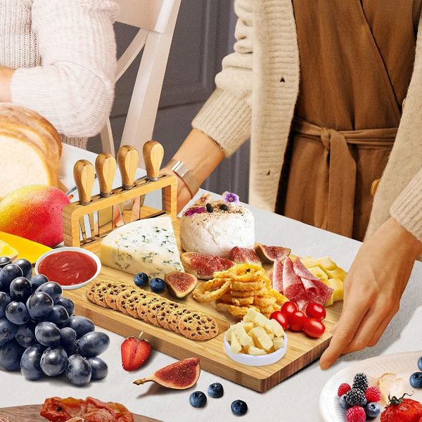 Stainless Steel Cheese Knives Bamboo Cheese Board Set for Charcuterie and Serving