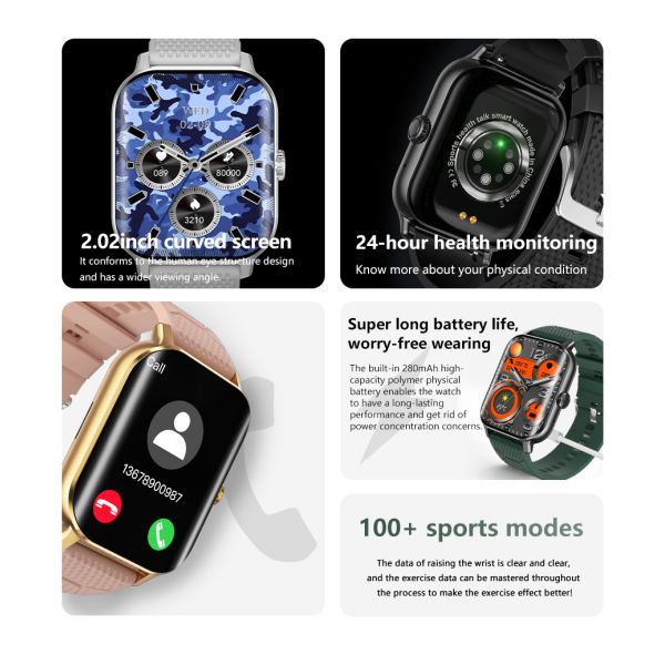 Eraysun Curved Screen 2 Smart Watch 2.02 Inch 3D Dynamic Waterproof Dials to Wake up Heart Rate Monitoring Fitness Smart Watches
