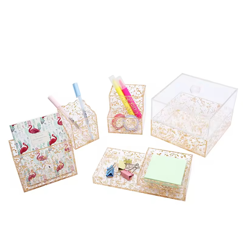 Luxury Gold Foil Glitter Acrylic Organizer Customizable Makeup Stationery Holder Chic New Desktop Storage Box for Vanity Office