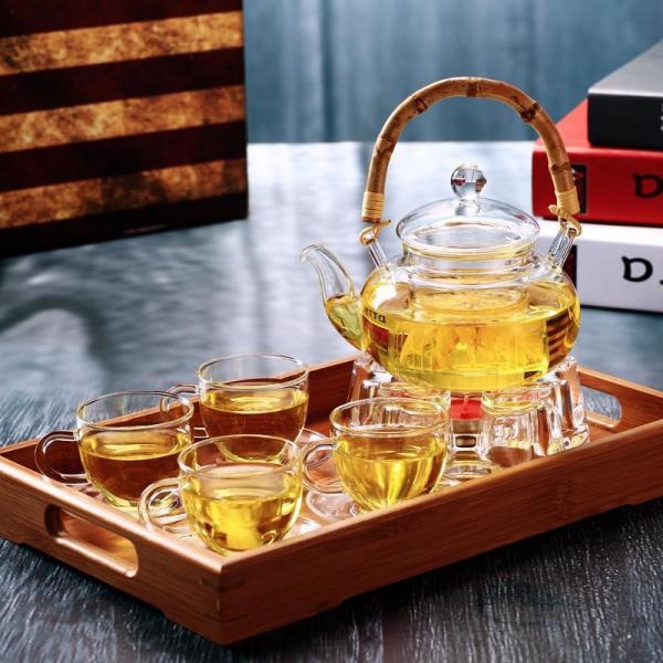 Coffee / Tea Clear Glass Teapot With Bamboo Handle Thermal Shock Protection