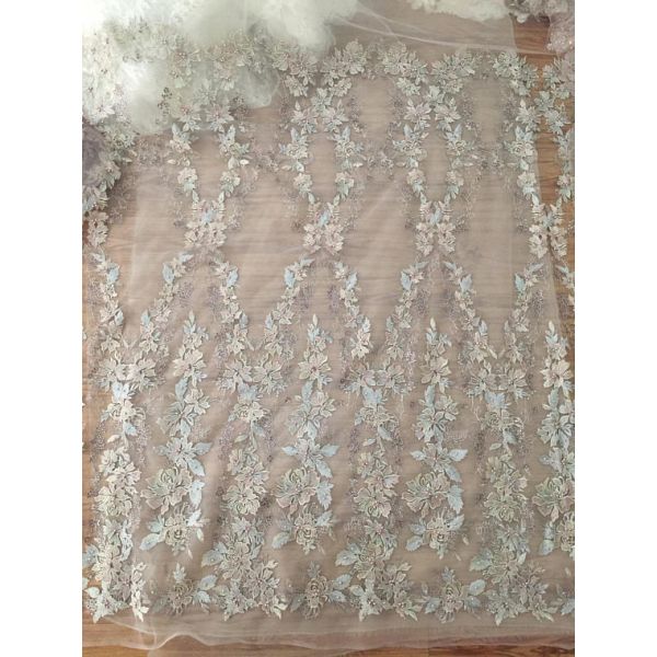 Ткань шнурка вышивки жемчуга 36 дюймов вышитая бисером двором для мантии свадьбы высоких мод