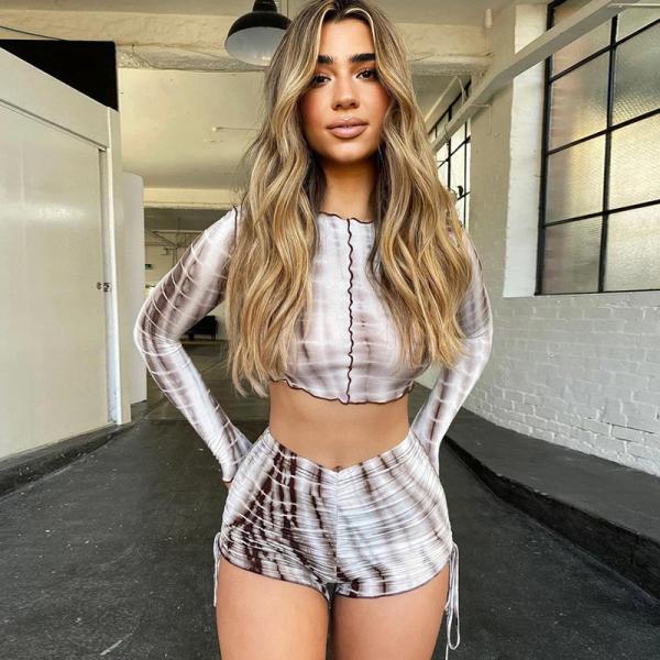 Striped Print Two Piece Casual Set , Long Sleeve Casual 2 Piece Short Set