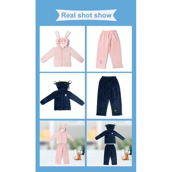 Children's Sleepwear Sets with Warm Coral Fleece Fabric and Cute Rabbit 3D Hat