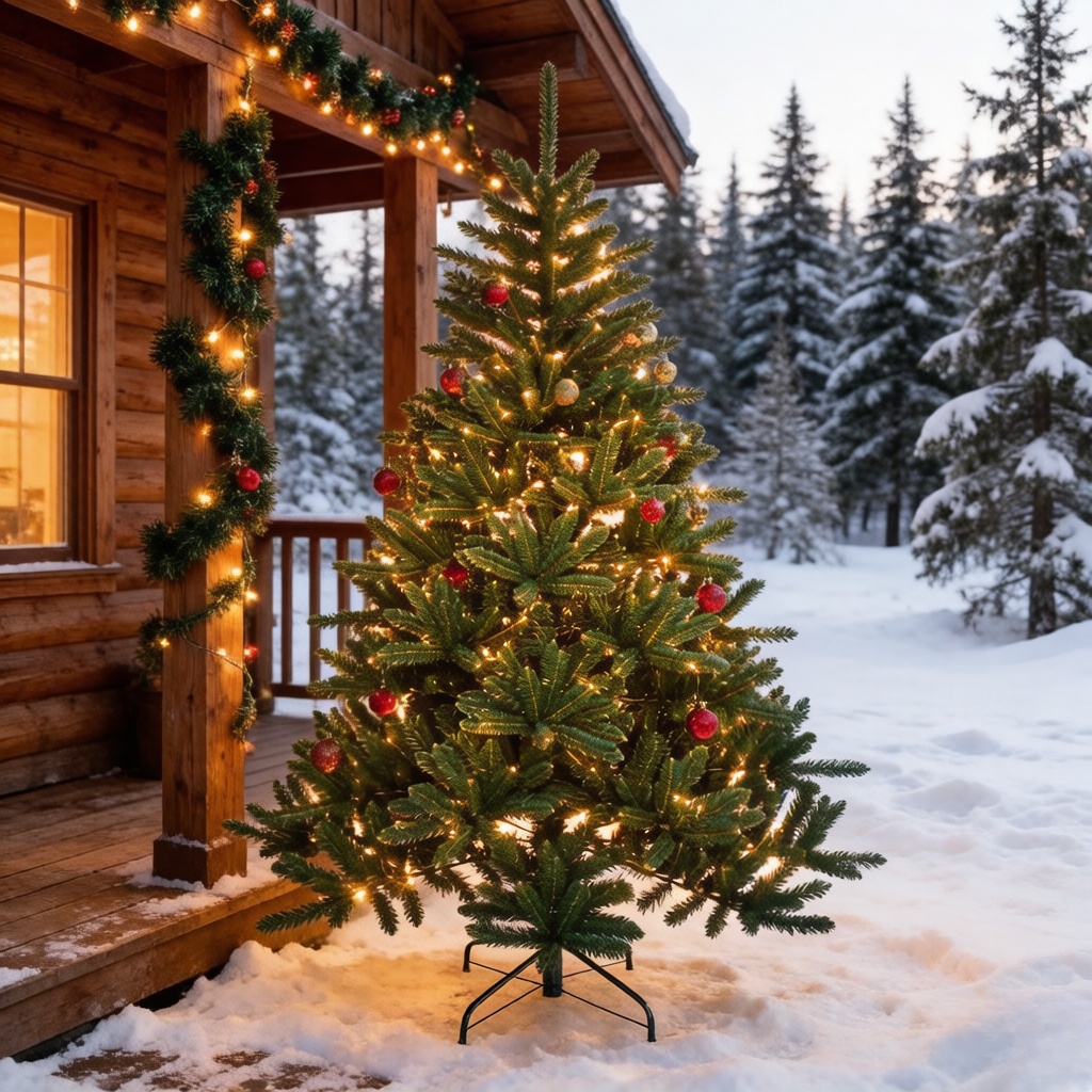 PE&PVC Mixed Modern Artificial Christmas Tree LED Pre-lit Metal Stand for Living Room & Outdoor Holiday Decor