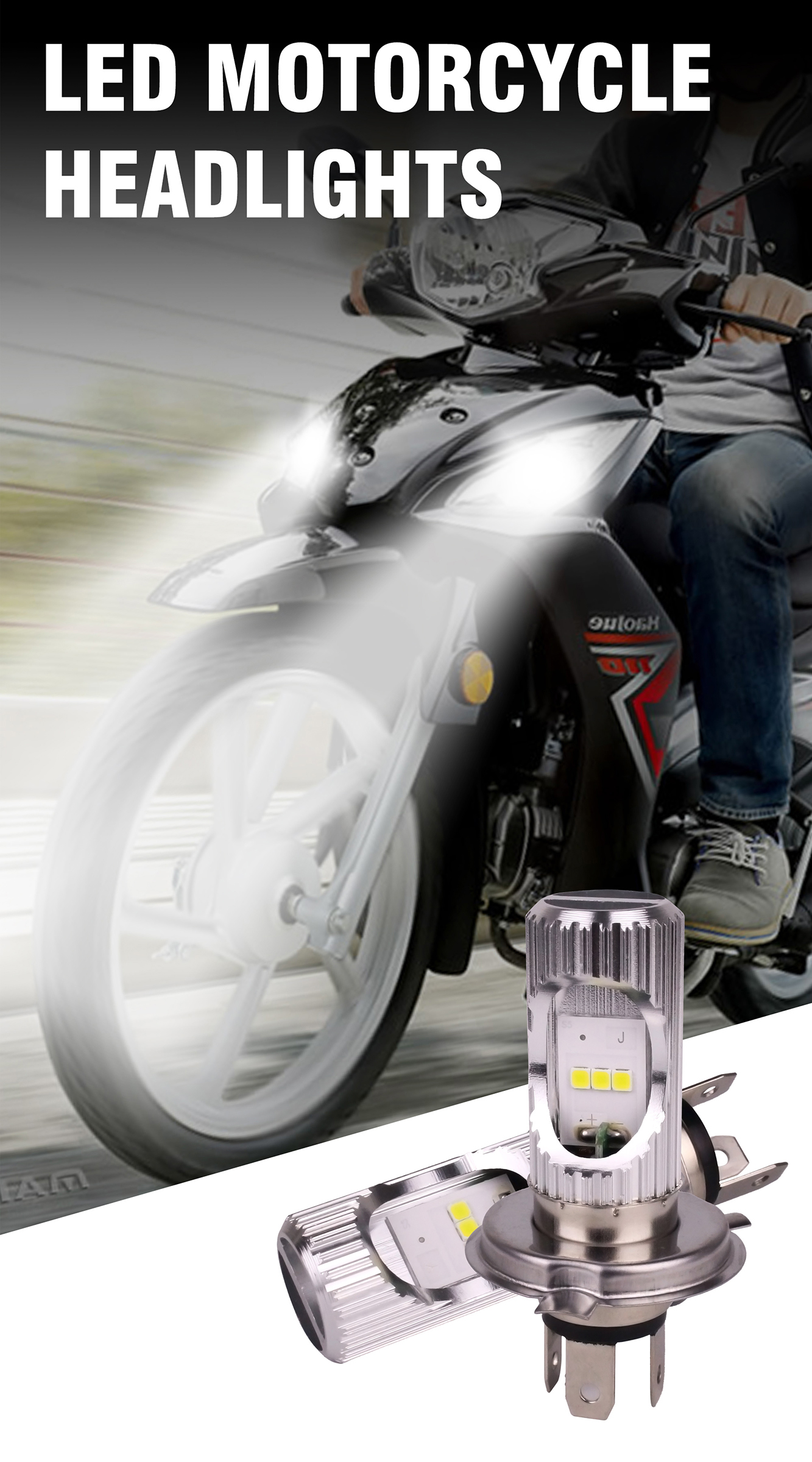 10W Motorcycle LED Bulb 9V - 80V Motorcycle Spotlight Bulbs 1000LM Smart Temperature Control