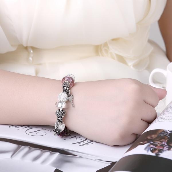 SJ Fascinating Jewelry Silver Plating Handcrafted Glaze Bead Charm with Key Petal Butterfly Chain Women Bead Bracelet