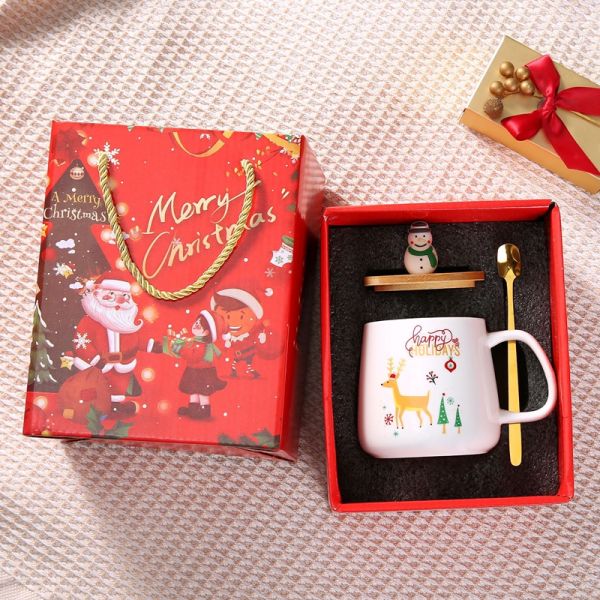 Christmas Gift Ceramic Mugs with Spoon 400ml Reusable Porcelain Coffee Cup Decoration