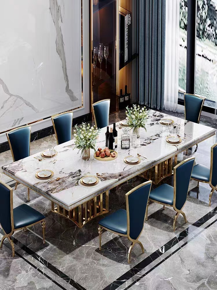 Luxury Hotel Restaurant Furniture Rectangular Metal Rock Plate Hotel Dining Table 8 10 Chairs