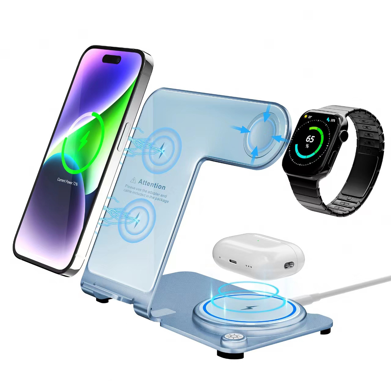 PD/QC Metal Wireless 3 в 1 зарядный стенд 6 мм расстояние зарядки