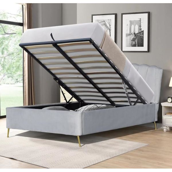 Double Size Bsci Lift Storage Bed Frame Elegant Grey Velvet Fabric Ottoman