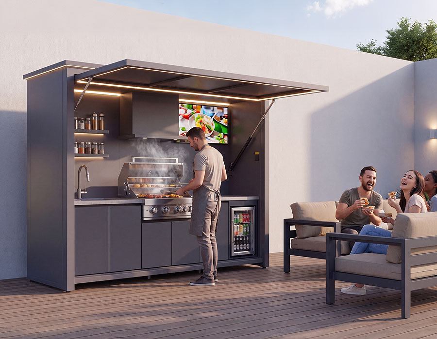 Outdoor BBQ Pod Featuring 40 Inch TV & Double Door Refrigerator W2800 Aluminum Kitchen Station