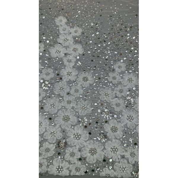 Polyester Beaded Embroidery Fabric Sequin Lace Spandex White 100% Embroidered Lace Fabric