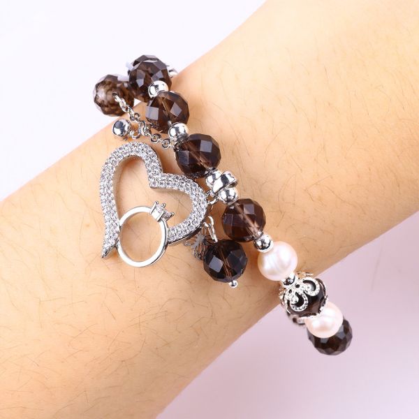 Natural Smoky Quartz And White Pearl Reiki Healing Elastic Heart Charm Stretch Bracelet