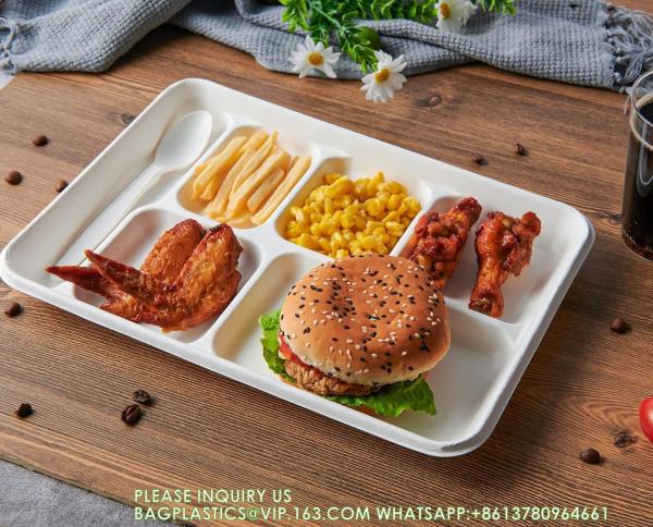Compostable 6 Compartment Plates, 90 Pack Compartment Paper Plate, 12.5 * 8.6 inch Disposable School Lunch Trays