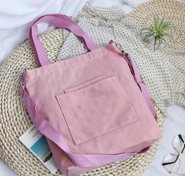 Pink Blue Shoulder Tote Bag Black Pockets Long Handles Ecological All Season
