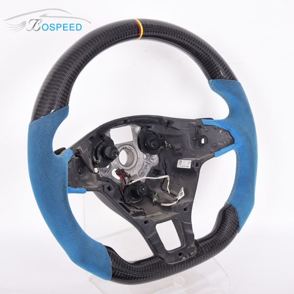 Trichromatic Stripe Blue Alcantara Vw Golf R Steering Wheel Real 3K Carbon Fiber