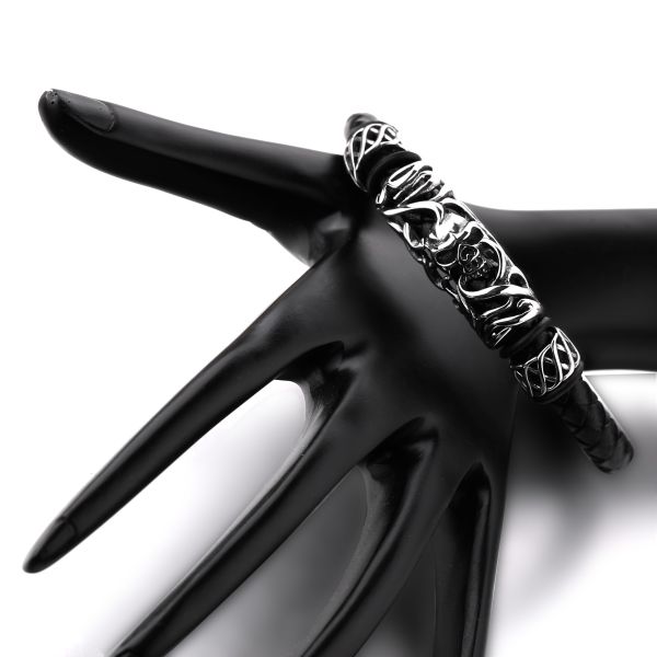 Cheap price black plated the north skull metal charm black leather men skull bracelet for wholesale