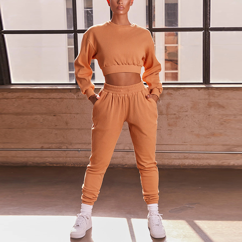 250gsm пошутило над наборами урожая рукава установленного круглого Neckline 2 частей длинными верхними и Cuffed Joggers