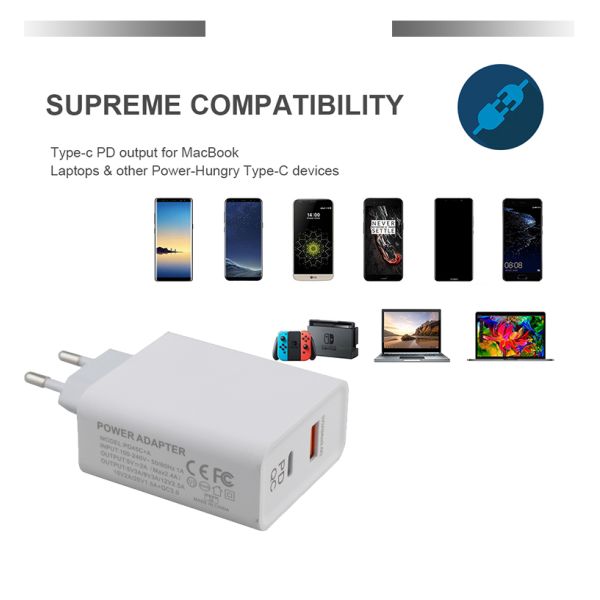 45W GaN PD Fast Charger EU Plug with 1 USB-C and 1 USB-A Port