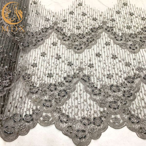 Grey Beaded Decoration Handmade Lace Fabric For Evening Dress