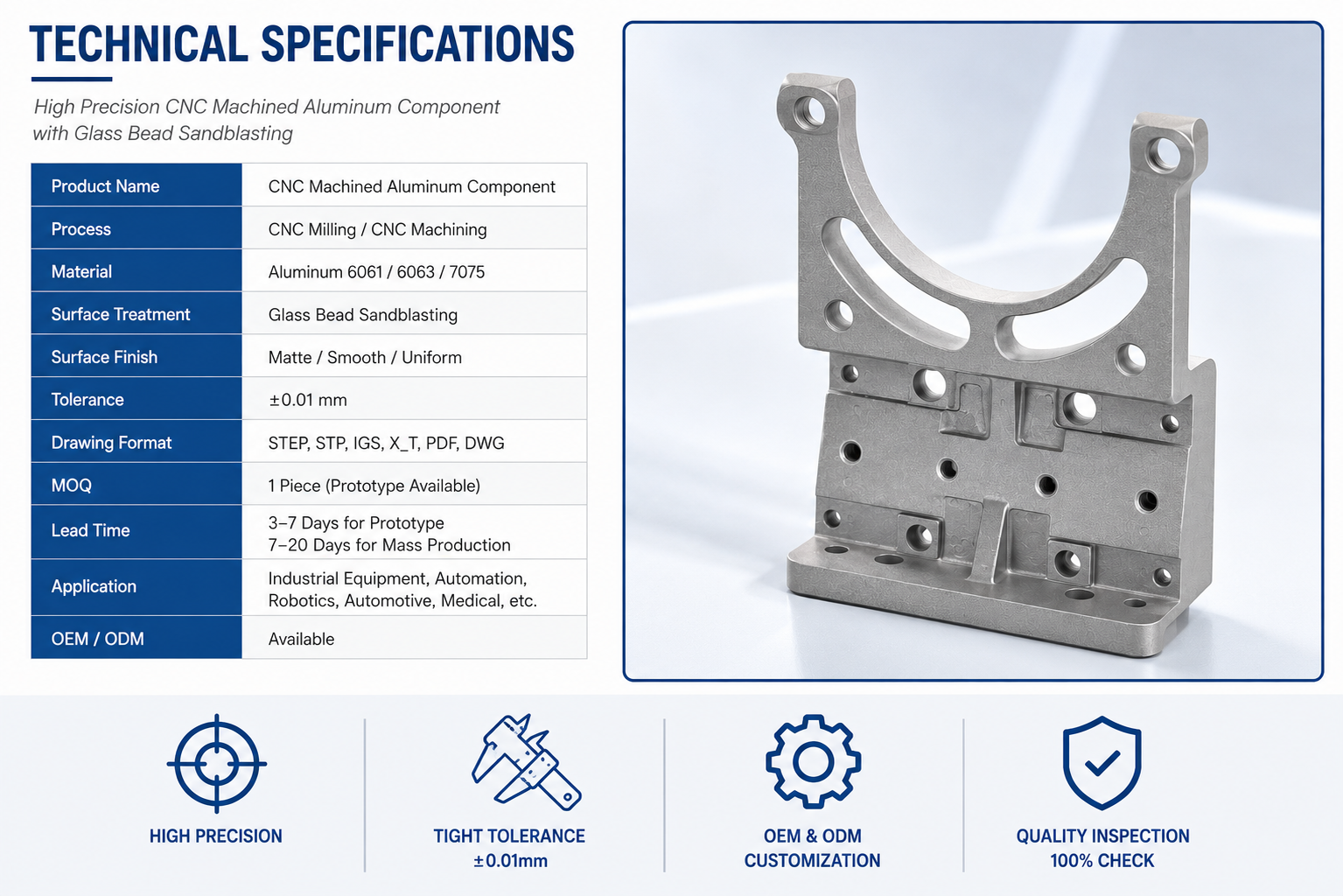 OEM Custom Precision CNC Machined Aluminum Mounting Bracket with Glass Bead Sandblasted Finish and ±0.01 mm Tolerance