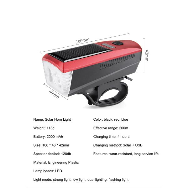 Blue Solar and USB Charging Bike Light 2000mAh Front Headlight for MTB Road Cycling