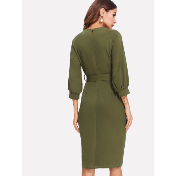 Women Pencil Work Dress Spandex Polyester Anti Wrinkle Breathable Round Neck Three Quarter Sleeve Office