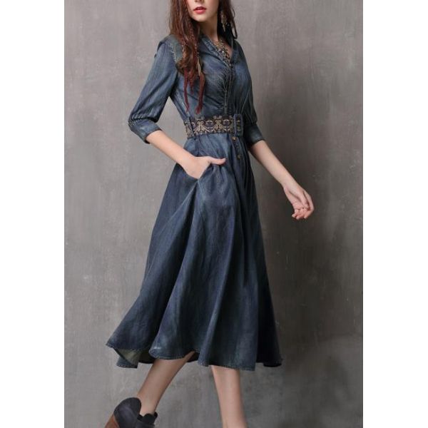 Карман рукава платья джинсовой ткани женщин изготовителя одежды небольшого количества половинный с вышитым поясом