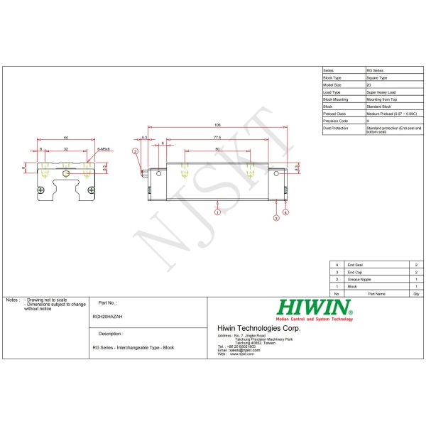 RGH20HA Carbon Steel Hiwin Bearing Block Linear Guide Carriage