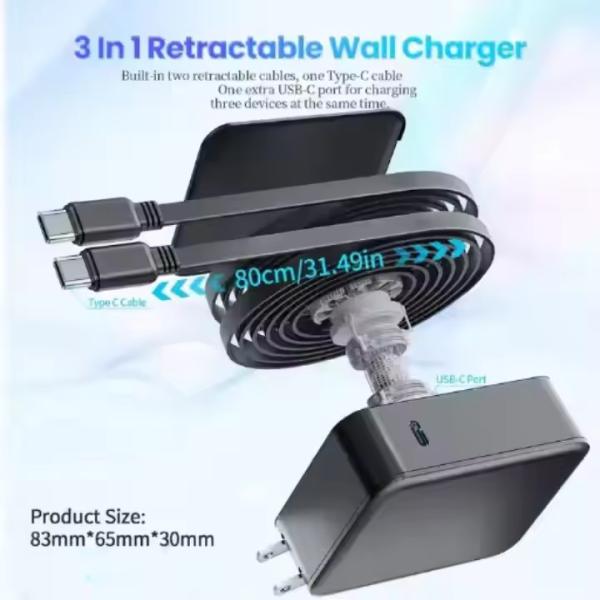卸売 35W GaN 急速充電トラベルチャージャーアダプター 折りたたみ式 電話の急速充電用 2 本の格納式急速ケーブル付き