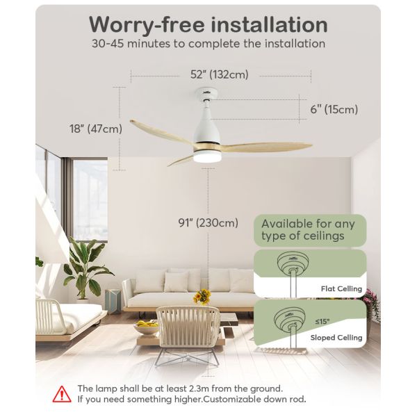 Ventilador de teto de madeira LED com controle remoto 3 velocidades Motor AC ajustável e puro de cobre