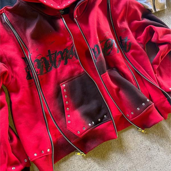 Service OEM Rhinestone Fermeture à glissière Hoodie lavage à l'acide Diamant Rouge Hoodie 100% coton