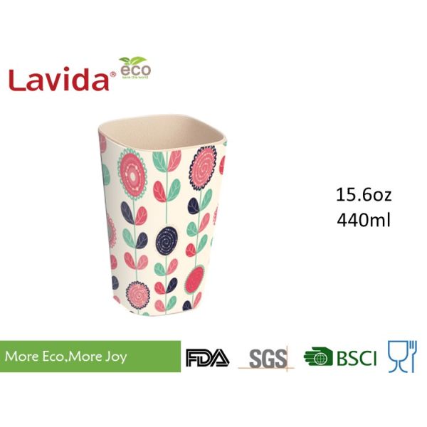 Firm Sturdy Eco Bamboo Fiber Cup Hand Drawn Flower Printed For Fast Food Restaurant