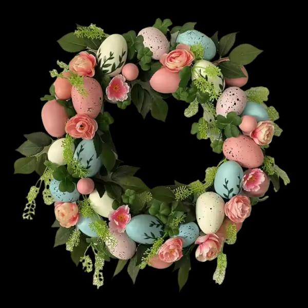 Senmasine Egg Easter Wreath for Front Door Hanging Spring Decor Mixed Colorful Plastic Eggs Artificial Leaves Flowers Wreaths