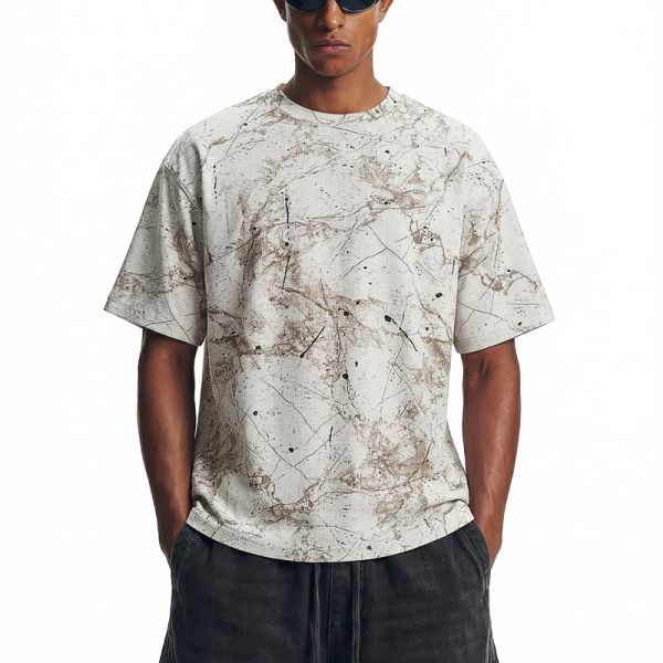 Vintage City Boy Men's Oversized Printed Knitted T-Shirt 65% Cotton 30% Polyester 5% Spandex 200g Cool Stretch Breathable Short
