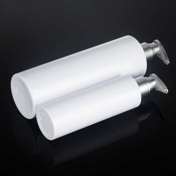PET White Round Shower Gel 200ml 500ml Silver Top Serum Conditioner Plastic Shampoo Pump Skincare Packaging Bottle
