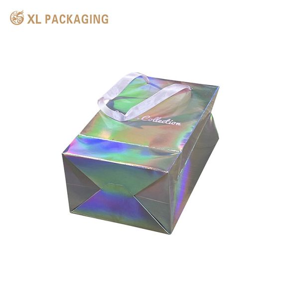 Custom Holographic Paper Shopping Bags with Ribbon Handles for Cosmetics