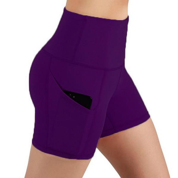 Short preto alto dos esportes de Waisted para o bolso lateral das caneleiras apertadas do Gym do controle da barriga das mulheres