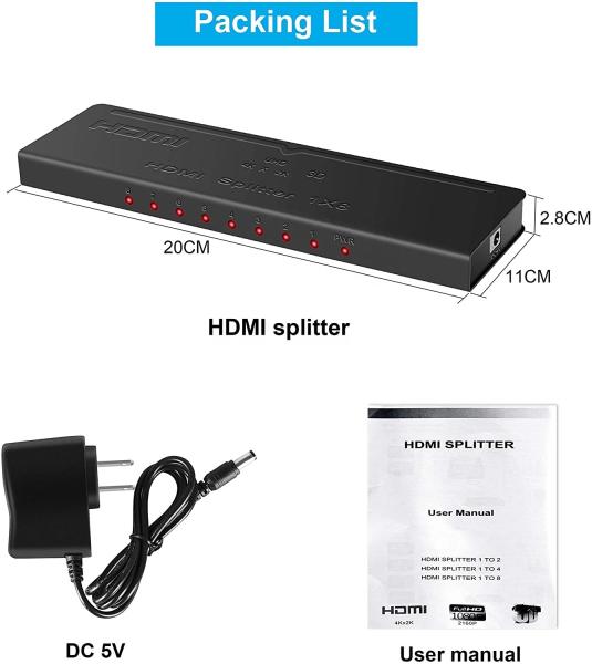 10W 4K 30 Hz 1 In 8 Out 8 Ports 768 MHZ HDCP 1.2 HDMI Splitter