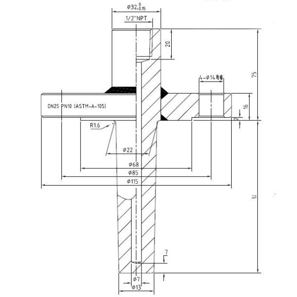 Tubo Thermowell de la protección del termopar del acero inoxidable con el reborde DN25