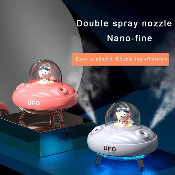 400ml Humidificador de design bonito UFO Double Spray Humidificação Humidificador USB recarregável silencioso com luz noturna colorida
