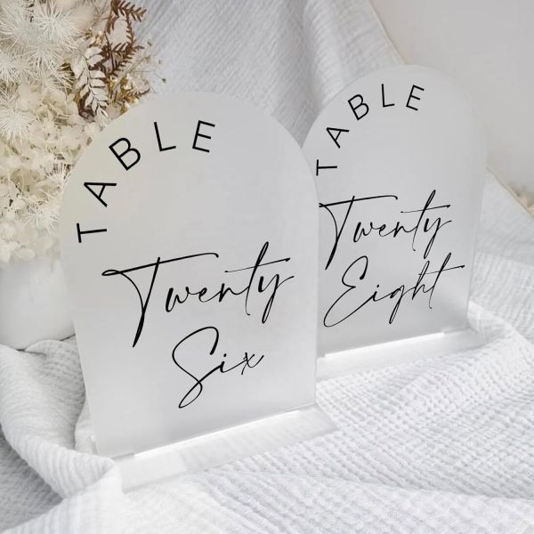 Acrylic frosted arched table sign modern 4x6 frosted wedding display stand with gold printed arched acrylic table number stand